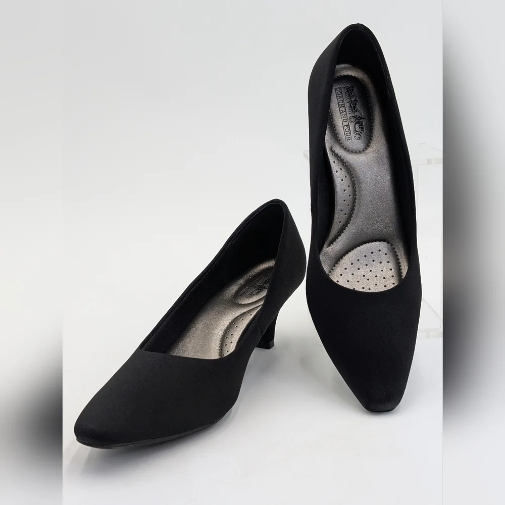 Coach and Four Women Sz 9 Satin Black Cushioned Round Toe Slip-In Mid-Heel Pumps